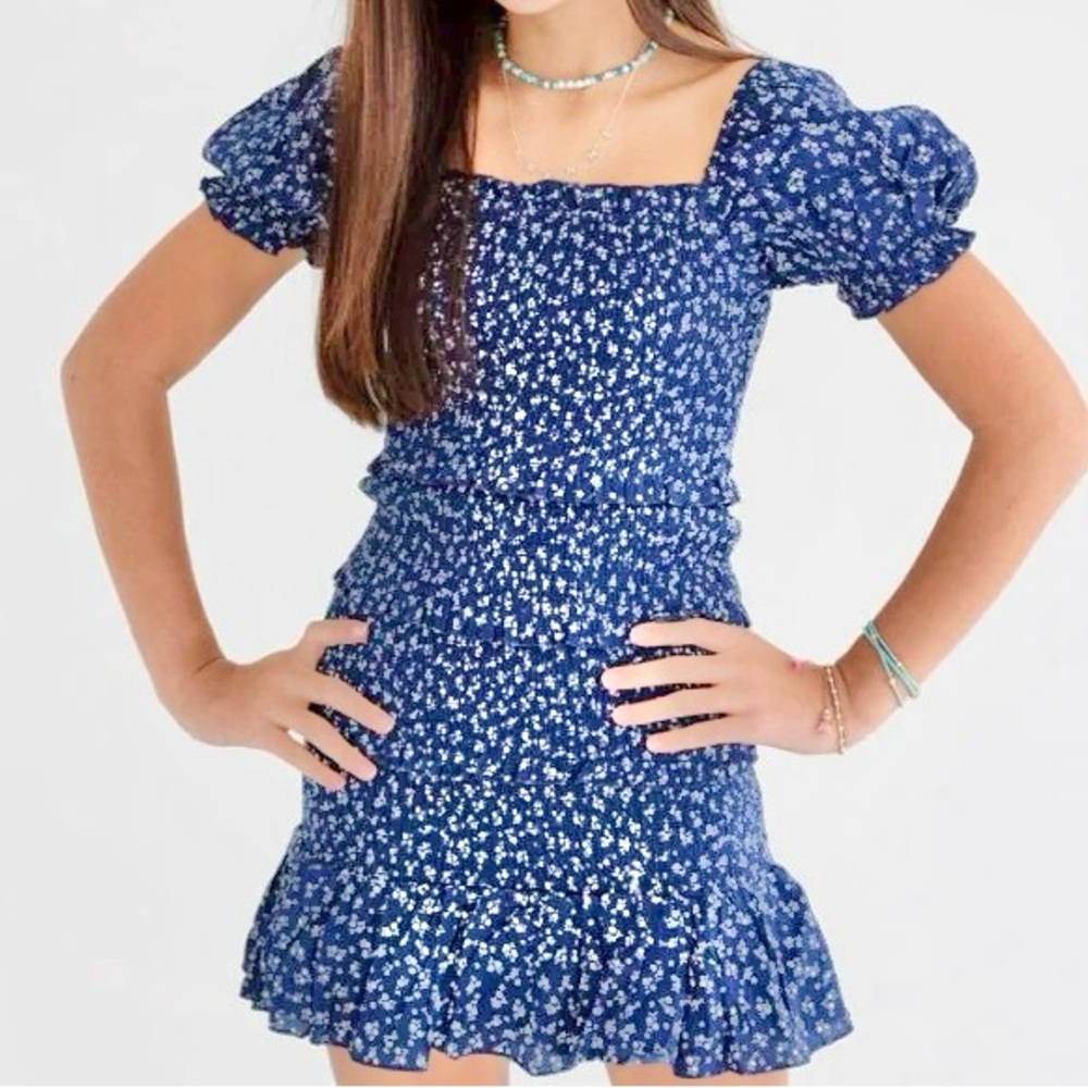 Katie J NYC Laila dress. Tween sizing: Size L (12). Color: Evening blue ditsy.